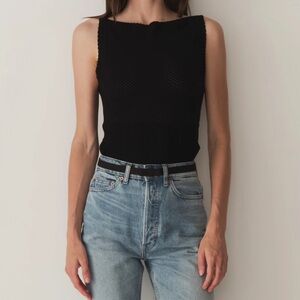 Doen Nerida Pointelle Knit Bateau Boatneck Sleeveless Sweater Top Tank Black